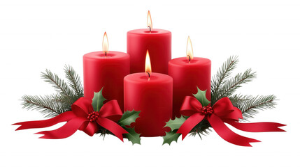 Four red candles with greenery and ribbons, symbolizing holiday spirit and warmth, on a transparent background.