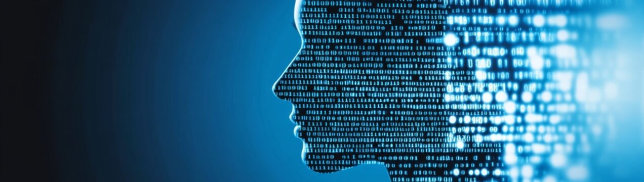 Close-up of human head and neck with binary code in blue background, creating a futuristic and modern technological feel.