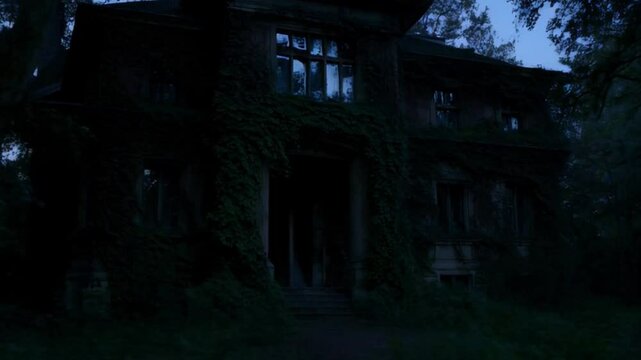 Dark shadows loom over an old, crumbling mansion at the edge of the forest. Faint whispers echo from within as a gust of wind rattles the broken windows and distant footsteps approach the front door.