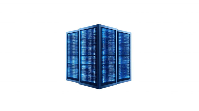 Futuristic blue data server with illuminated panels isolated on transparent background