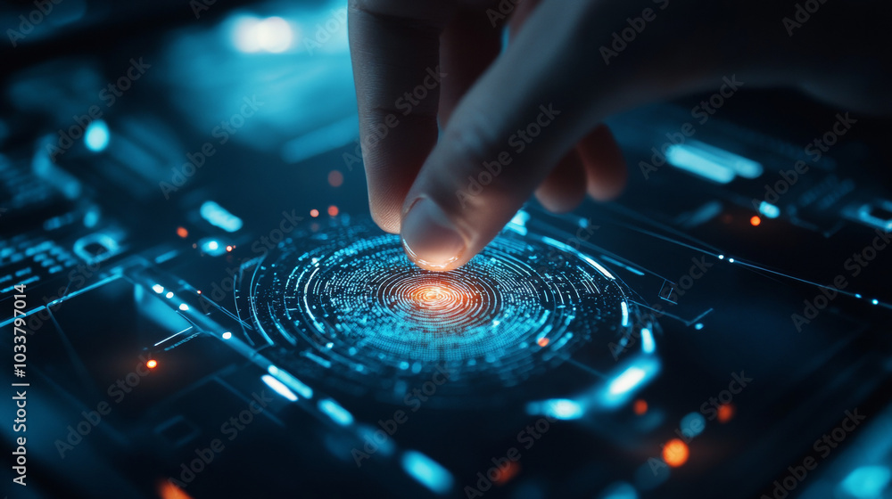 Poster illustrate the process of authorizing a payment in a banking app using fingerprint recognition techn