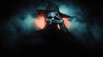 Fototapeta premium Mysterious figure in dark, hooded cloak with an eerie atmosphere.