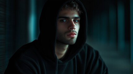 A young man wearing a hooded sweatshirt gazes thoughtfully into the distance in a dimly lit urban setting during the evening
