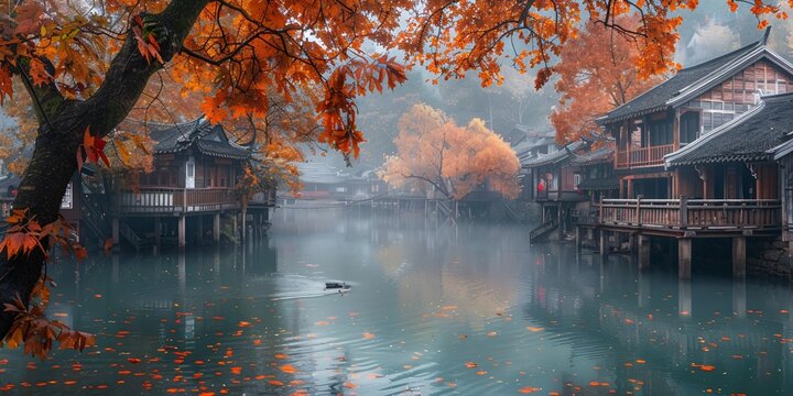 Beautiful traditional Jiangnan landscape illustration featuring Suzhou under misty rain, reflecting ancient Chinese culture and serene water town vibes. A picturesque scene of bridges, canals, and cla
