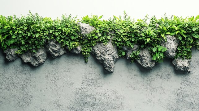 Closeup of a small forest emerging from the cracks of city walls, lush green foliage, white background