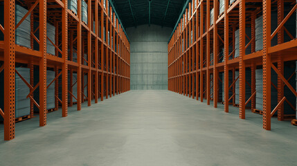 Fototapeta premium Spacious warehouse layout, large inventory racks, clean and organized, 3D illustration