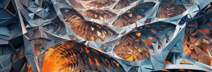 An abstract representation of a political tension. The art style tessellating textures resembling a web, weave or weft.