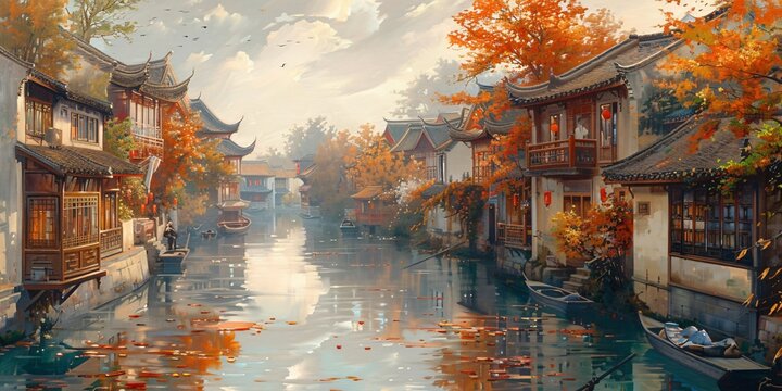 Beautiful traditional Jiangnan landscape illustration featuring Suzhou under misty rain, reflecting ancient Chinese culture and serene water town vibes. A picturesque scene of bridges, canals, and cla