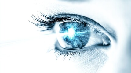 view of a human eye illuminated by a vibrant blue digital cyber light beam