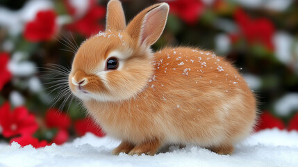 Adorable fluffy bunny sitting in snow with flowers in winter garden background