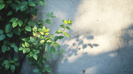 Closeup of small trees and plants growing in an urban alley, with soft sunlight, white background