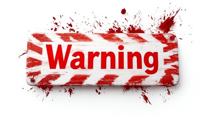 Warning sign with red stripe pattern and blood splatters, isolated on white background.