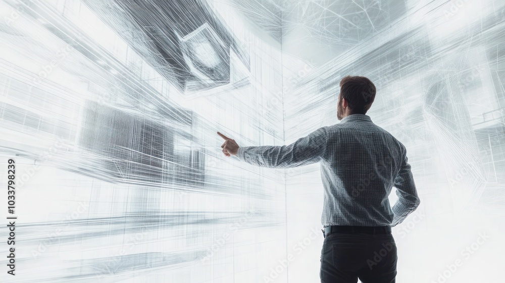 Poster male engineer points to a large wall-mounted display featuring a high-tech rendering of a quantum te