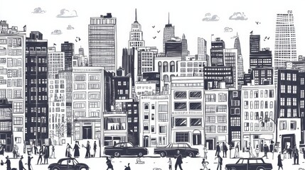 A vibrant street filled with hand-drawn buildings, cars, and people captures the essence of urban life in a lively city. Generative AI