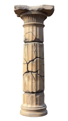 ancient greek doric column with fluted design and weathered cracks on isolated background
