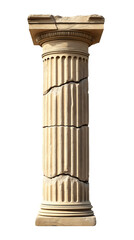 ancient greek doric column with fluted design and weathered cracks on isolated background
