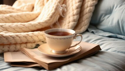 In winter with comfy comforter and a cup of hot tea