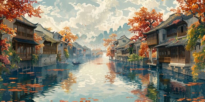 Beautiful traditional Jiangnan landscape illustration featuring Suzhou under misty rain, reflecting ancient Chinese culture and serene water town vibes. A picturesque scene of bridges, canals, and cla