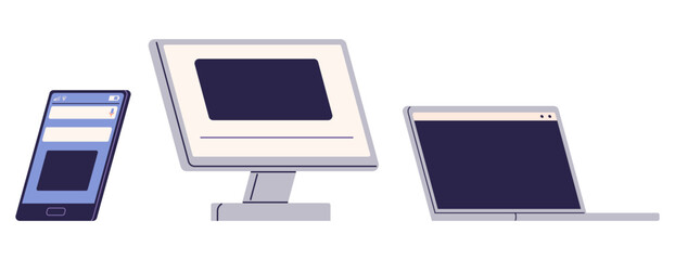 A smartphone, desktop, and laptop are displayed side-by-side, highlighting different digital devices. Ideal for tech themes, digital communication, software development, web design, and modern