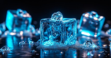 3D rendering of glass cubes on black background, dark abstract buissness background	
