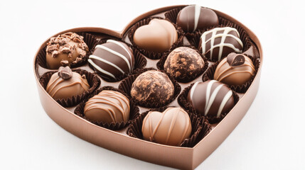 A top view of various chocolate pralines arranged neatly on a white background, showcasing an assortment of indulgent treats. The pralines could be different shapes and sizes, from smooth spheres and 