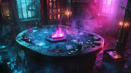 Digital painting of secret gambling den with dark ritual aesthetic