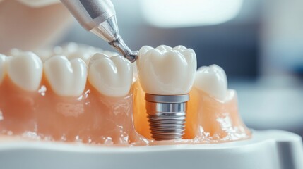 A dental professional is carefully placing a crown on a dental implant in a well-lit clinic. The scene captures the precision of the procedure and advanced dental technology being utilized.