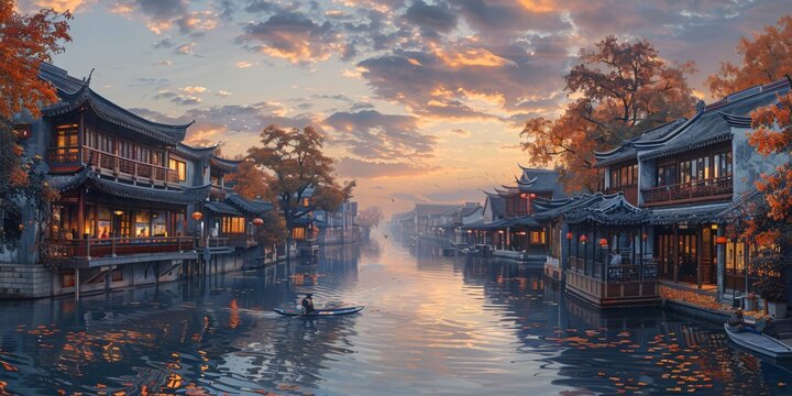 Beautiful traditional Jiangnan landscape illustration featuring Suzhou under misty rain, reflecting ancient Chinese culture and serene water town vibes. A picturesque scene of bridges, canals, and cla