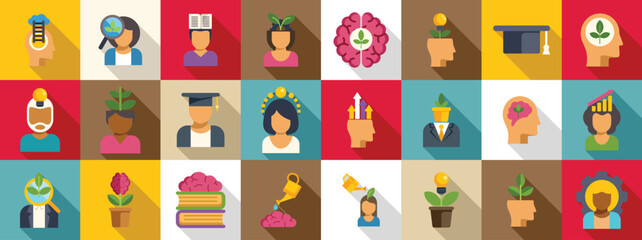 Mindset growth icons set. This icon set shows people developing their minds, growing their potential and finding new ideas