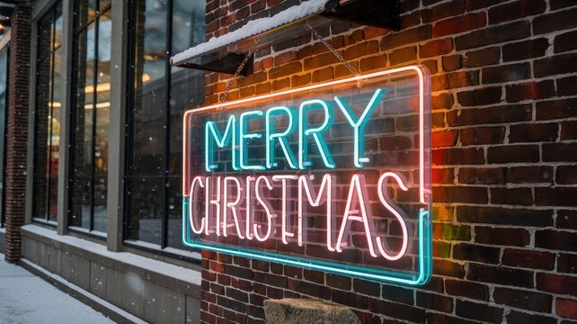 A neon sign that says Merry Christmas on a brick wall