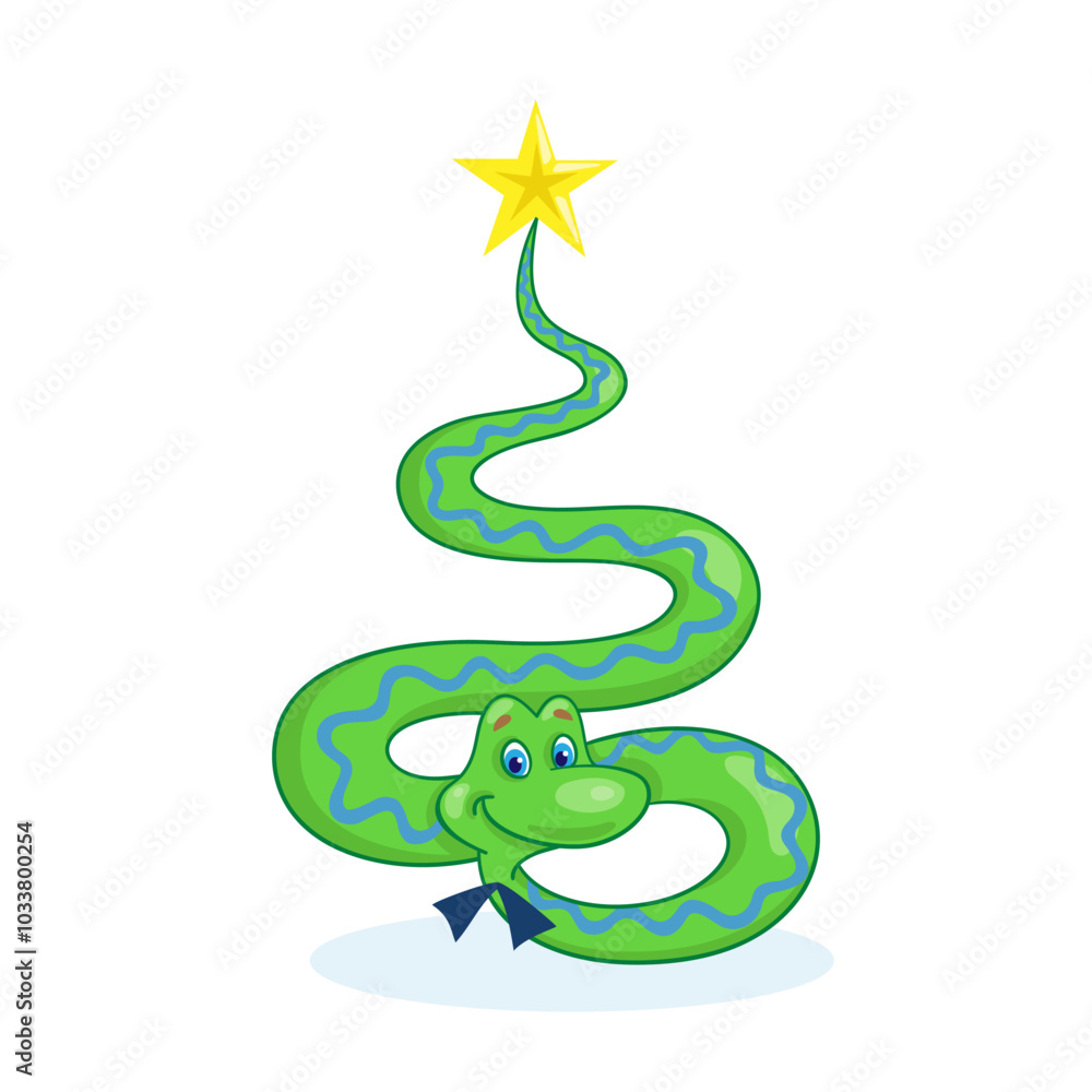 Wall mural Funny snake - symbol of Chinese New Year in the form of a New Year tree with a gold star. Greeting card 2025. Isolated on white background. Vector illustration.