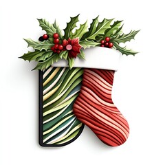 A festive, decorative Christmas stocking adorned with holly and berries, featuring vibrant colors and intricate details.