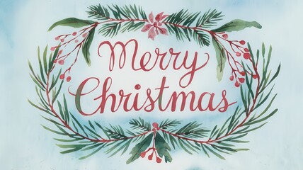 Obraz premium Merry Christmas is written in a wreath of green leaves