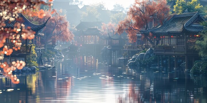 Beautiful traditional Jiangnan landscape illustration featuring Suzhou under misty rain, reflecting ancient Chinese culture and serene water town vibes. A picturesque scene of bridges, canals, and cla