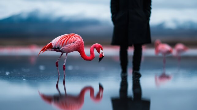 A striking image capturing a flamingo and a person reflected on water, with vibrant colors against a blurred landscape, hinting at connection between nature and humanity.