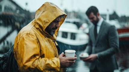 A worker clad in a yellow raincoat stands in the rain, holding a hot drink, at a bustling harbor, capturing the resilience and routines of daily life.