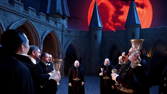 Vampires gather under a blood-red moon in a gothic castle courtyard. Bats swoop down as they raise their goblets to toast the eternal night.