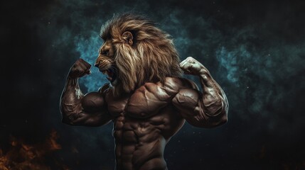 Lion-man displays his strong biceps in a dimly-lit environment, radiating determination and rugged masculinity. Ideal for bodybuilding and strength training concepts