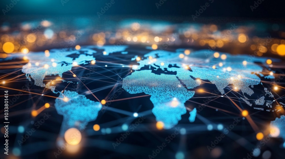 Poster digital world map with interconnected lines and dots on dark blue background, futuristic technologic