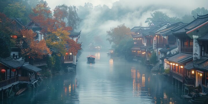 Beautiful traditional Jiangnan landscape illustration featuring Suzhou under misty rain, reflecting ancient Chinese culture and serene water town vibes. A picturesque scene of bridges, canals, and cla