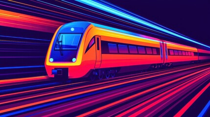 A vibrant, stylized train in motion, creating a dynamic blend of colors and lights on a dark background, representing civil engineering in advanced transportation systems.