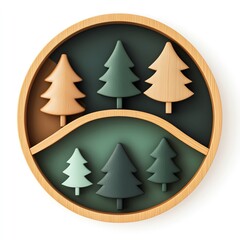 Obraz premium A circular wooden display featuring various colored tree shapes against a green backdrop, creating a cozy forest scene.