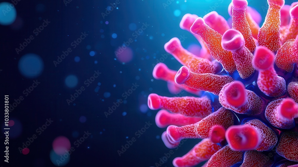 Poster close-up view of a colorful virus structure on a dark background, showcasing intricate details and t