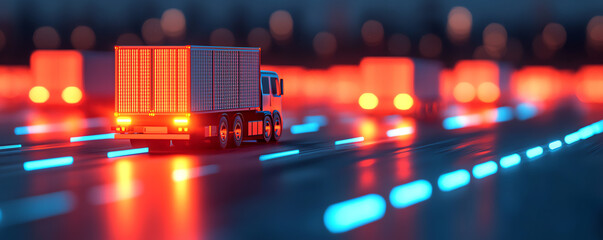 Autonomous logistic trucks, optimized transportation paths, smart city roads, 3D illustration