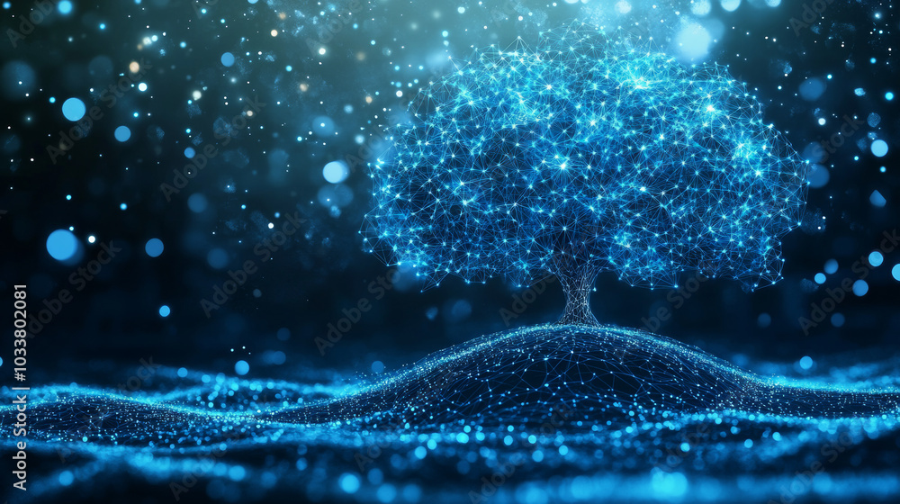 Poster a concept graphic depicting network connection technology or big data, featuring a blue cyber polygo