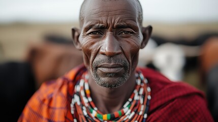 A cattle herder wearing vibrant, traditional clothing is photographed amid grazing cows, conveying a strong sense of cultural identity and harmony with nature.