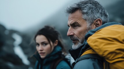 In rugged mountain terrain, an older male and a young female in contrasting jackets demonstrate teamwork and determination during an invigorating hiking expedition.