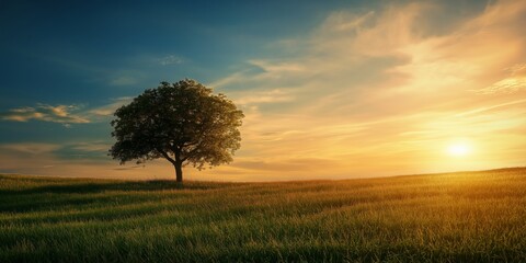 Obraz premium A solitary tree stands in a field beneath a vibrant setting sun.