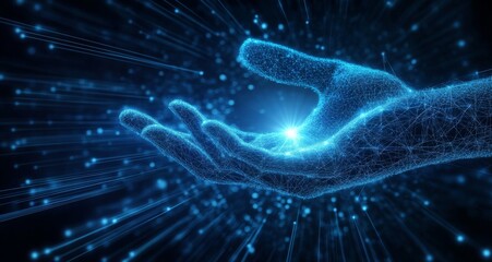 Glowing Blue Light in Mesh Hand Reaching Out in Dark Network Background - Technology Connectivity Concept.