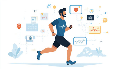 A concept of a smartwatch designed for medical technology, worn by a man running, with an application interface displaying healthcare data. The smartwatch shows real-time health metrics like heart rat